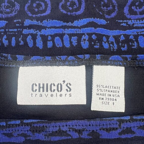 Chico's Travelers 1/M Tank Shell Top Acetate Slinky Stretch Knit Blue Print - Picture 3 of 7